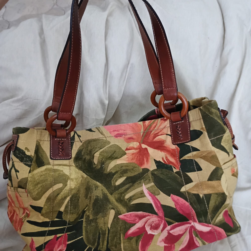 Vintage FOSSIL Floral Canvas Tote Bag with Brown Leather Handles - Picture 2 of 9